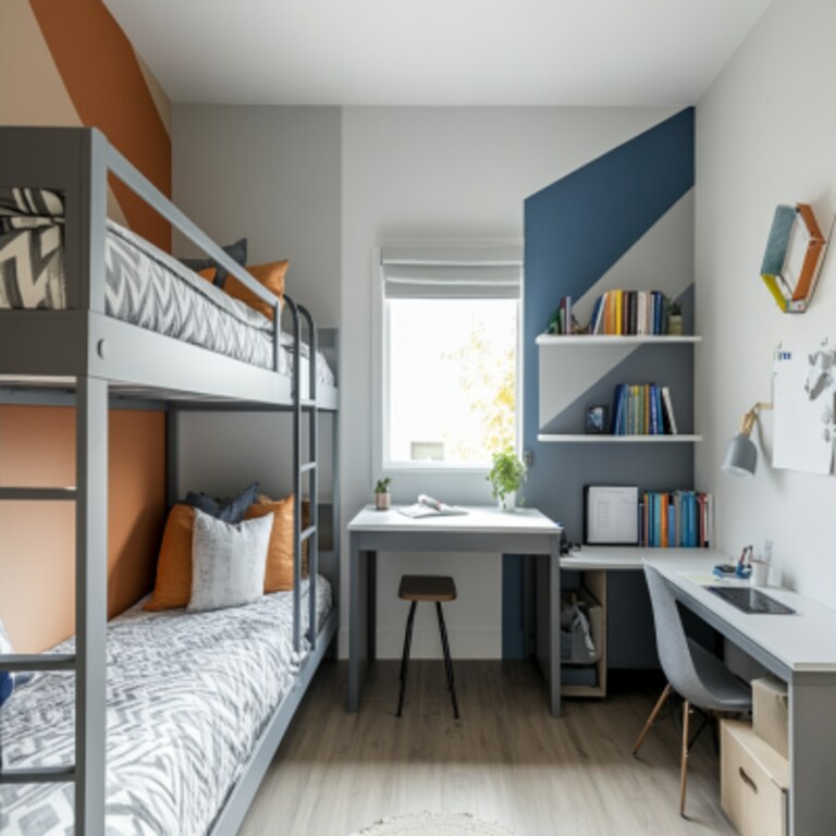 Modern Kids Room Design With Dual Study Tables And Tri-Toned Wall